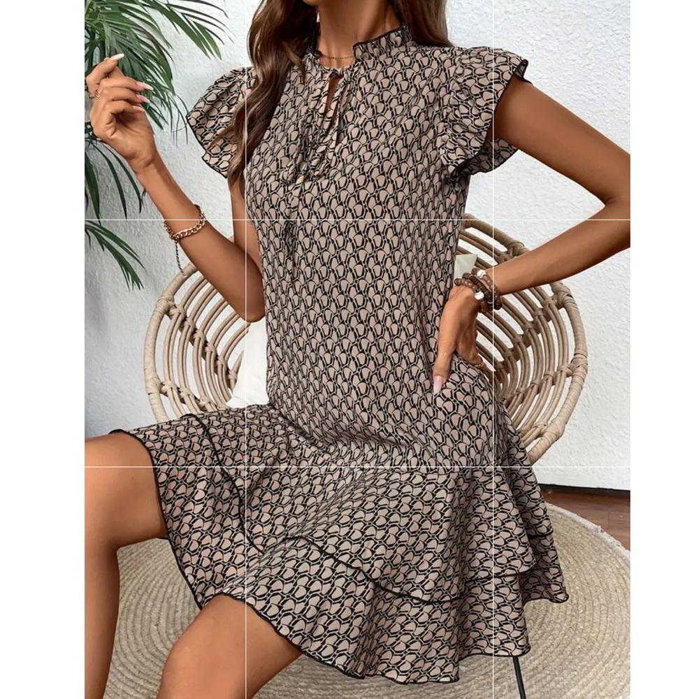 Geometric Print Dress with Ruffled Sleeves
